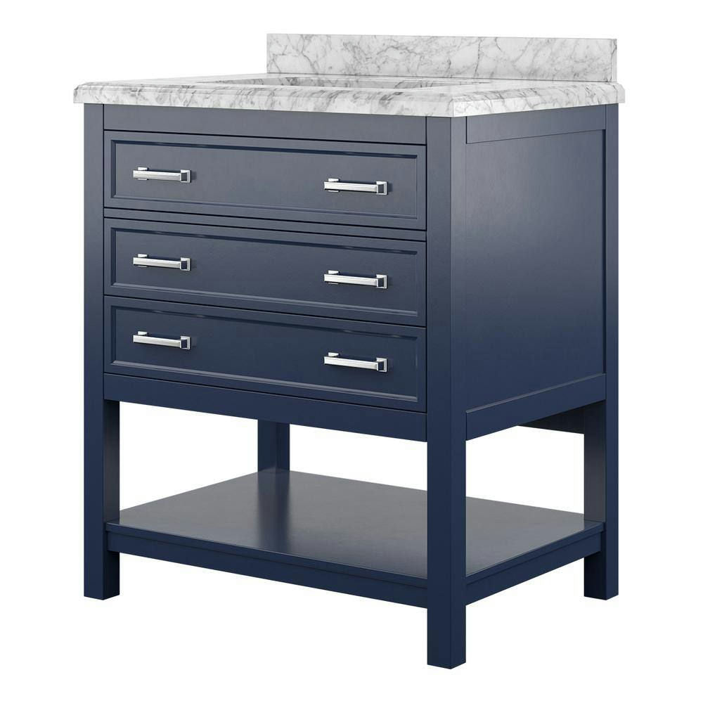 Design Element Affinity 31" Modern Bathroom Vanity in Blue Cabinet  Carrara White Marble Countertop