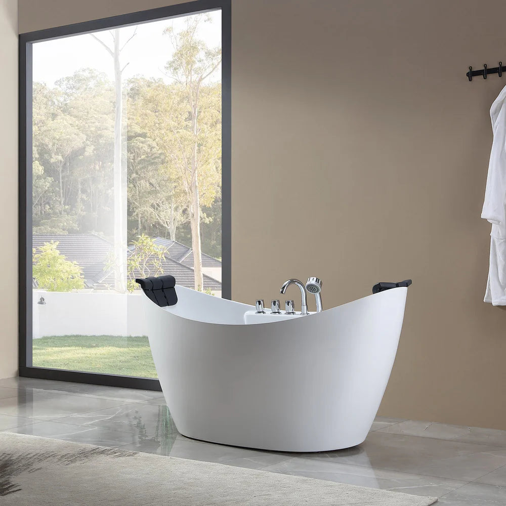 59" Freestanding Boat-shaped Whirlpool Bathtub with Center Drain