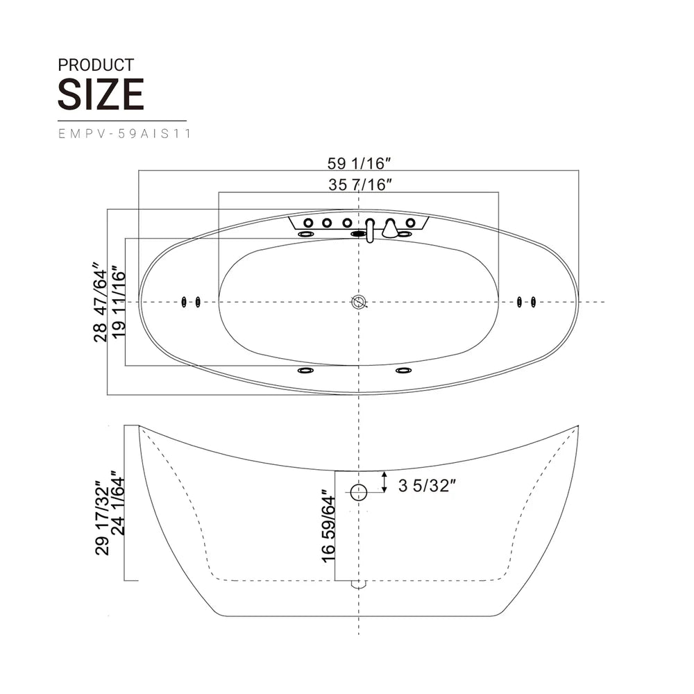 59" Freestanding Boat-shaped Whirlpool Bathtub with Center Drain
