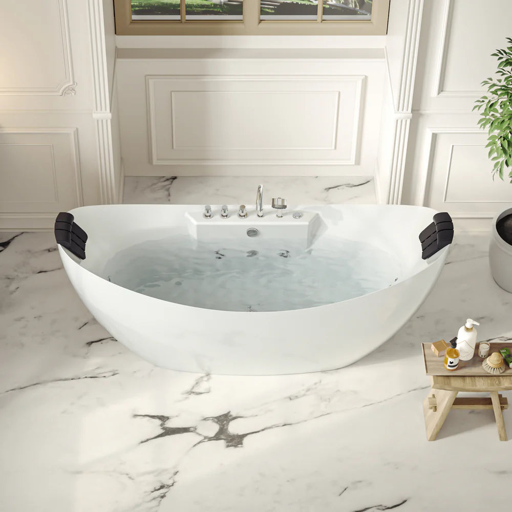 59" Freestanding Boat-shaped Whirlpool Bathtub with Center Drain