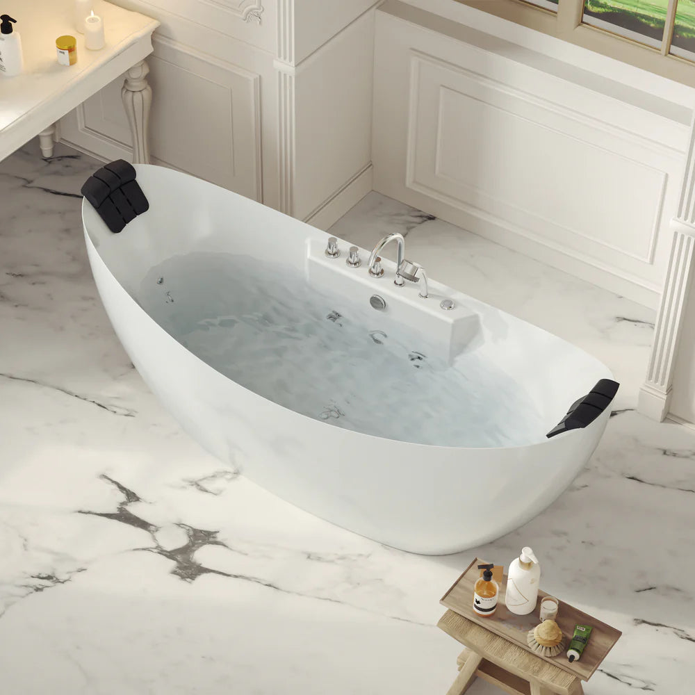 59" Freestanding Boat-shaped Whirlpool Bathtub with Center Drain