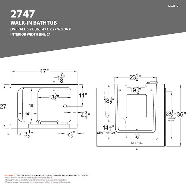 Walk-In Bathtub MediTub 2747 Series 27(W) x 47(L) x 37(H) in.