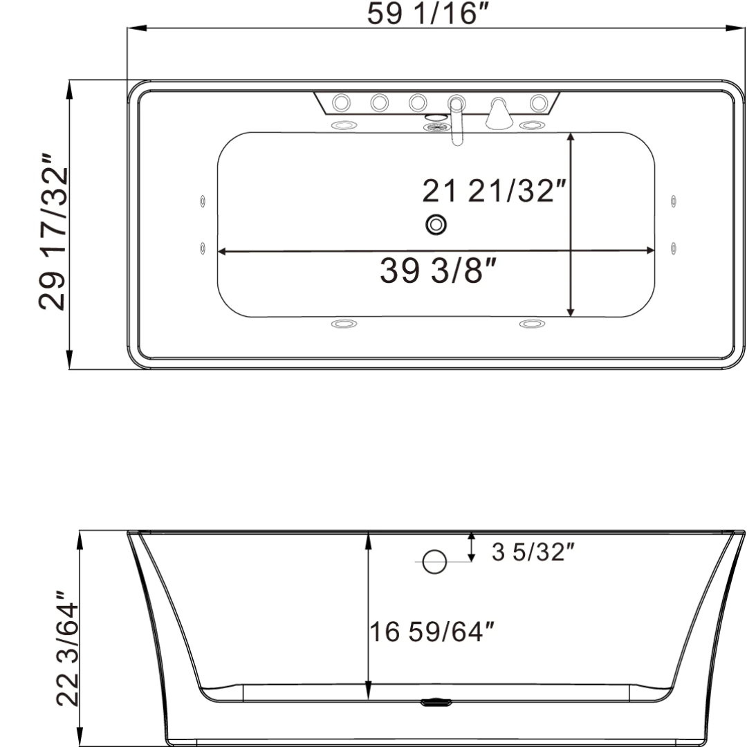 59" Freestanding Whirlpool Rectangle Tub