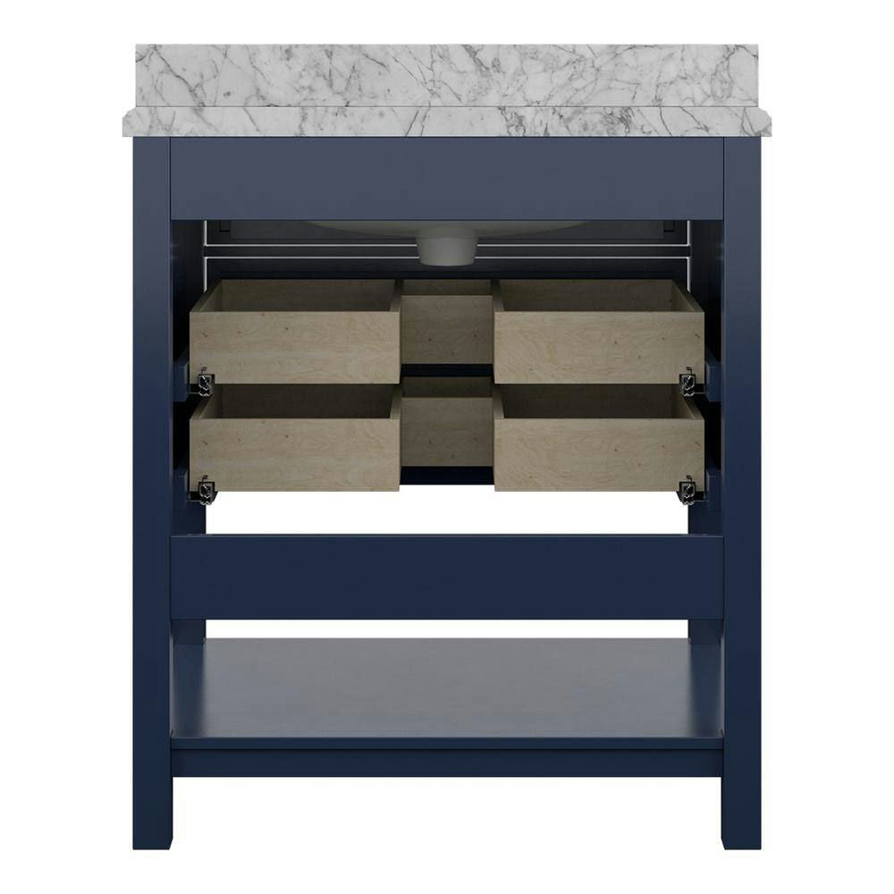 Design Element Affinity 31" Modern Bathroom Vanity in Blue Cabinet  Carrara White Marble Countertop