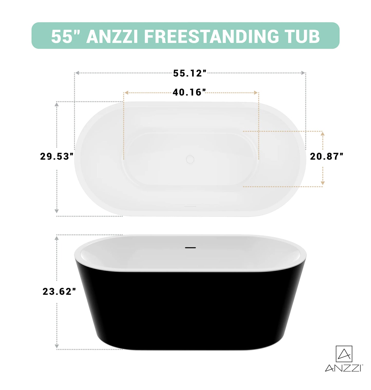 Chand Series 67 in. x 32 in. Flat Bottom Acrylic Freestanding Soaking Bathtub with Center Drain in Glossy Black