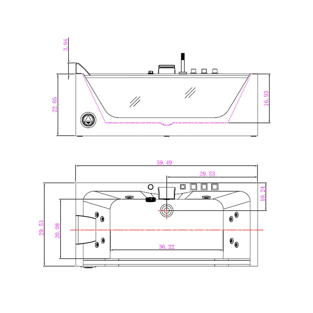 59" Alcove LED Whirlpool Bathtub with Center Drain