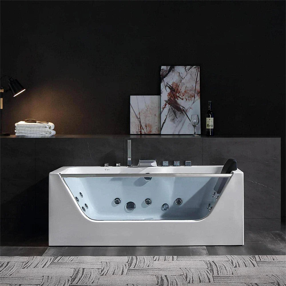 59" Alcove LED Whirlpool Bathtub with Center Drain