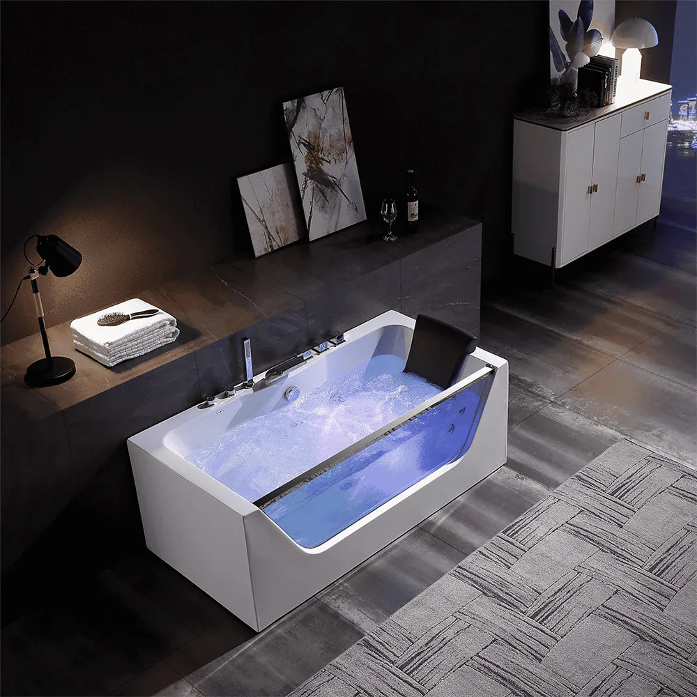 59" Alcove LED Whirlpool Bathtub with Center Drain