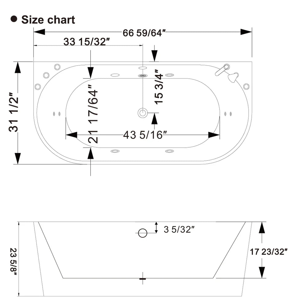 67" Freestanding Hydro Massage Whirlpool Bathtub with Center Drain