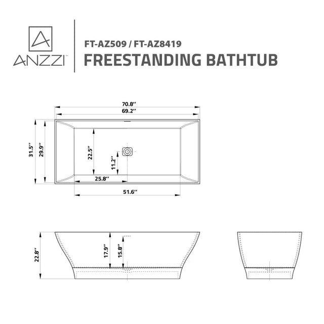 ANZZI Crema 5.9 ft. Solid Surface Center Drain Freestanding Bathtub in Matte White