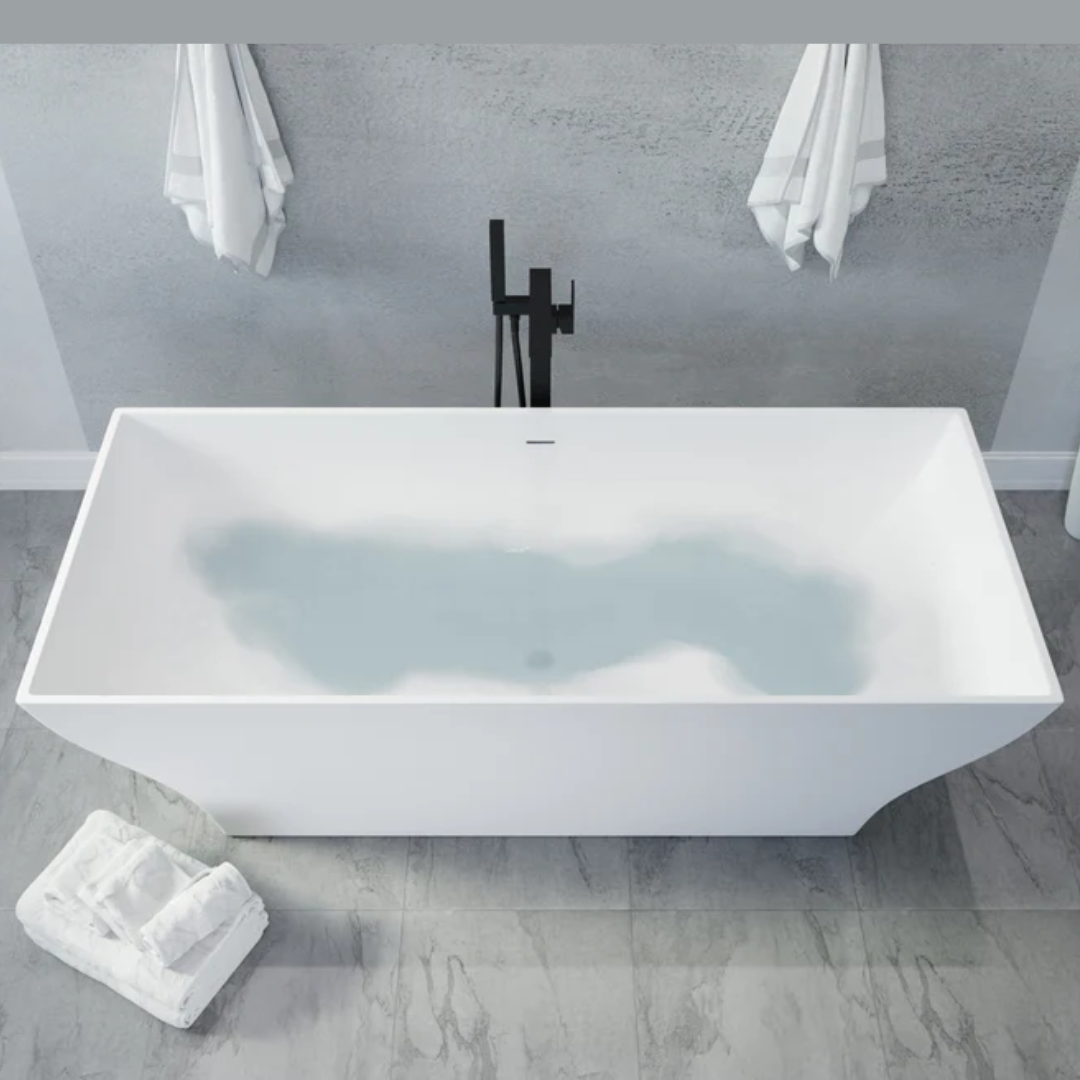 ANZZI Crema 5.9 ft. Solid Surface Center Drain Freestanding Bathtub in Matte White
