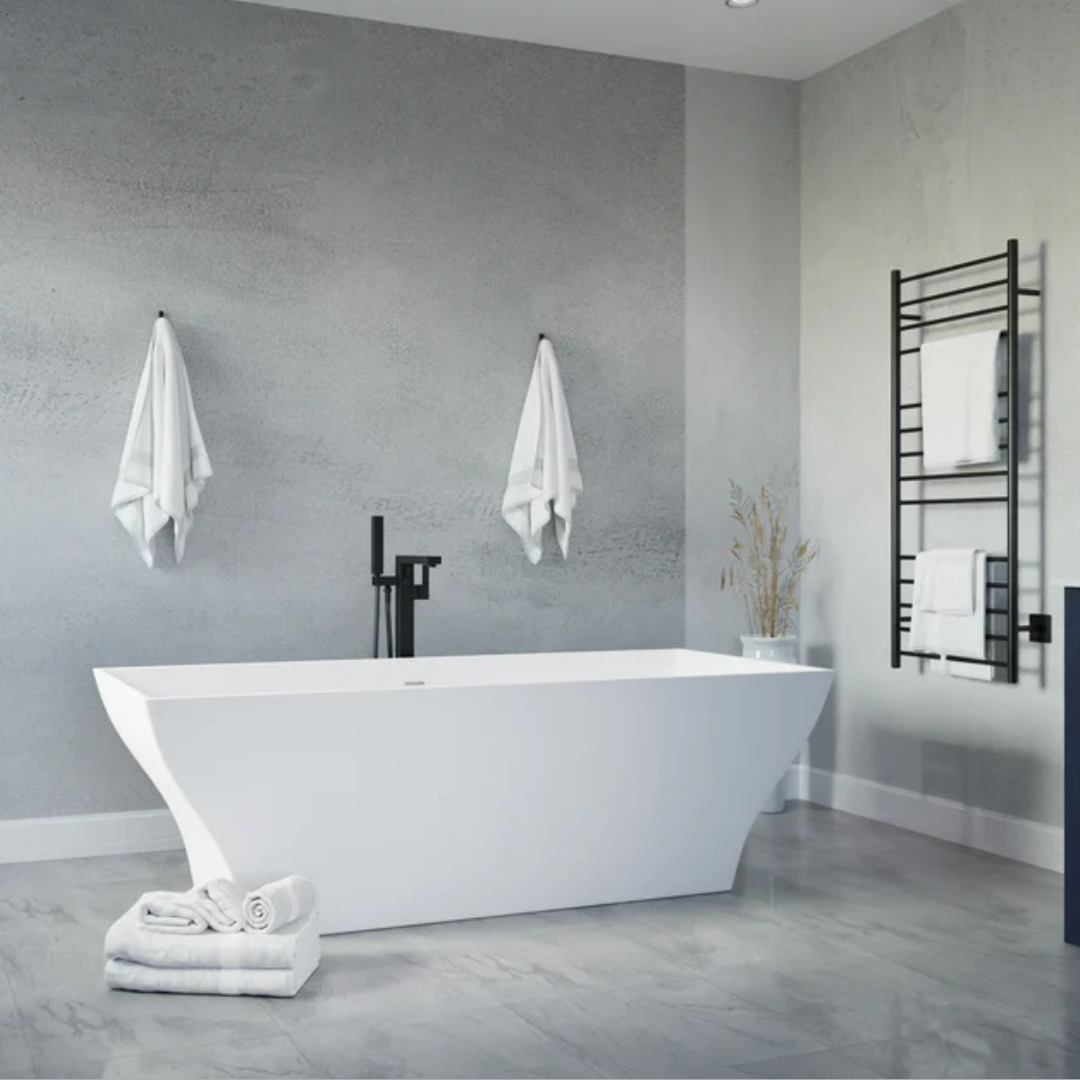 ANZZI Crema 5.9 ft. Solid Surface Center Drain Freestanding Bathtub in Matte White