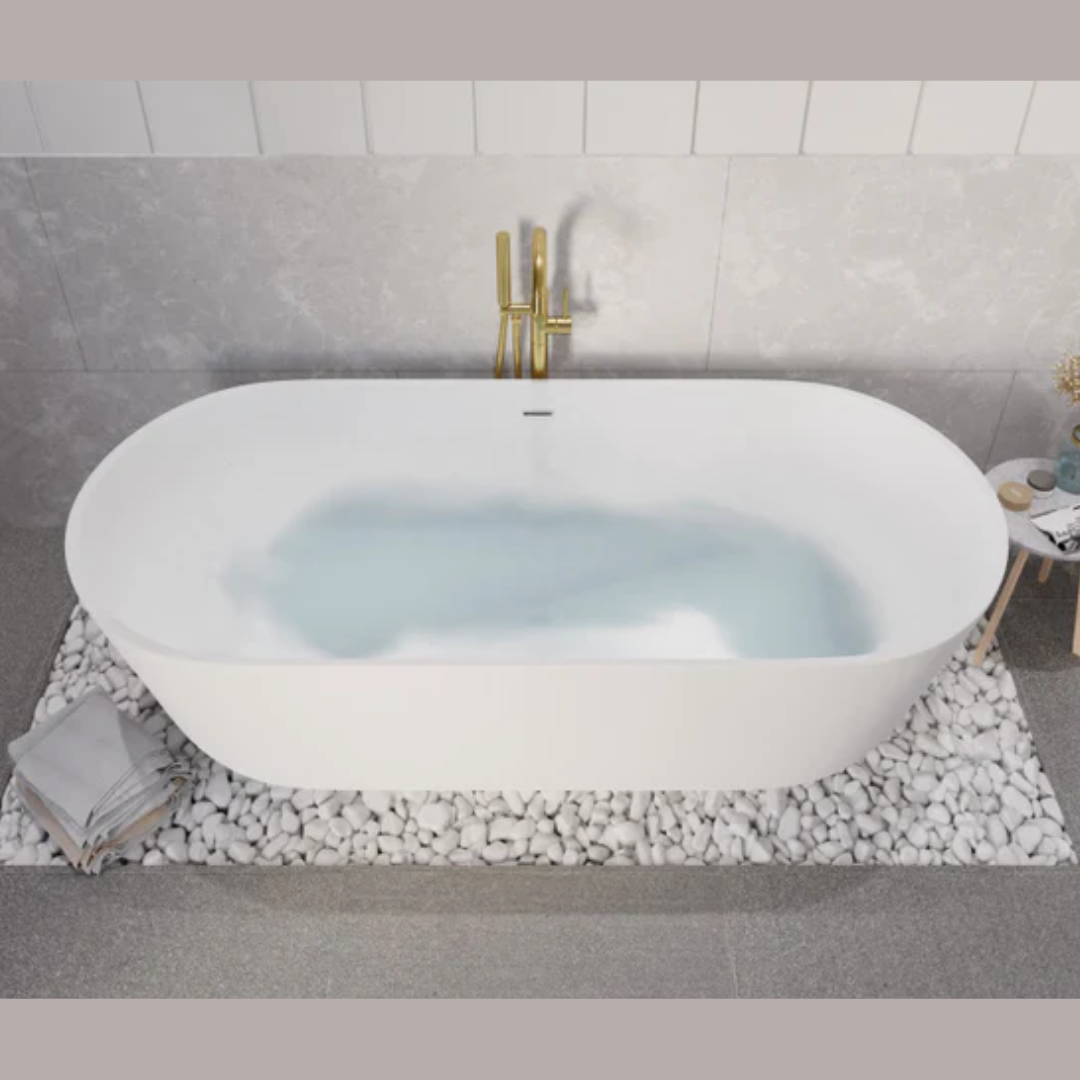 ANZZI Badi 5.9 ft. Solid Surface Center Drain Freestanding Bathtub in Matte White