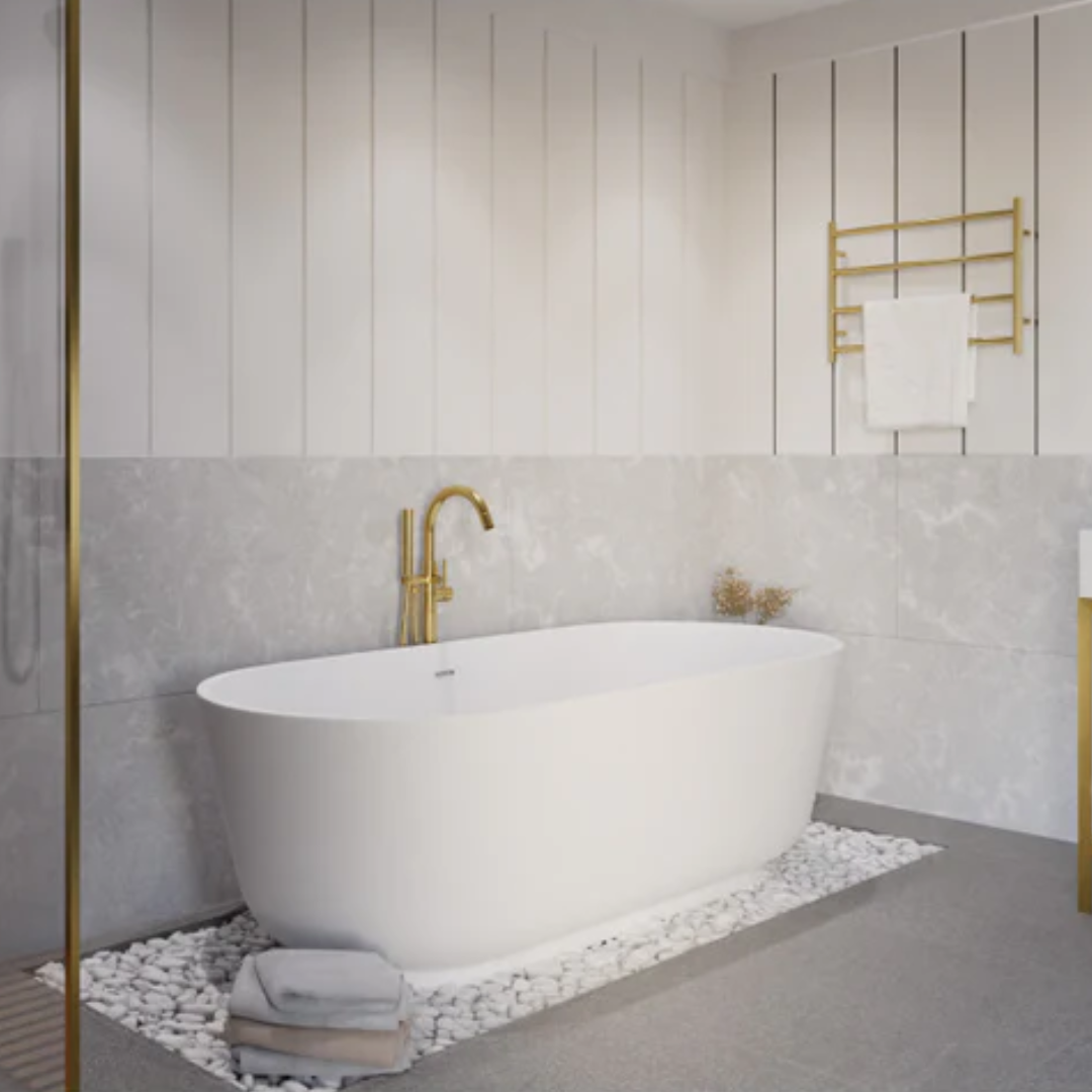 ANZZI Badi 5.9 ft. Solid Surface Center Drain Freestanding Bathtub in Matte White