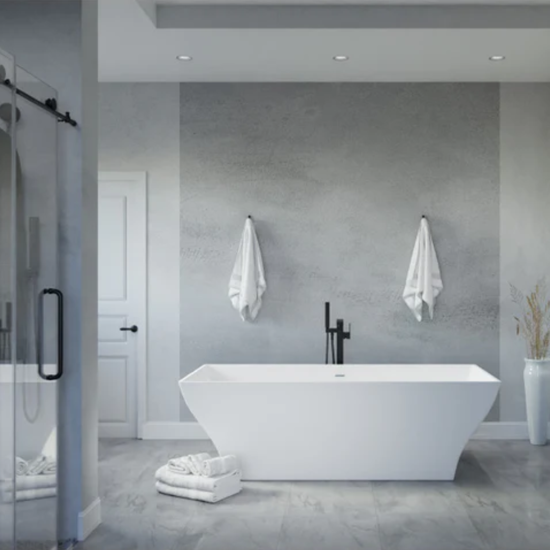 ANZZI Kayenge 5.9 ft. Solid Surface Center Drain Freestanding Bathtub in Matte White