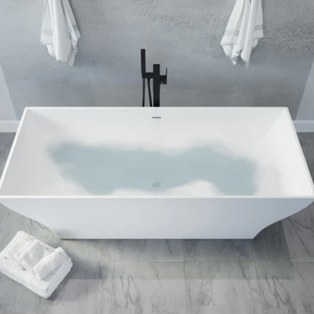 ANZZI Kayenge 5.9 ft. Solid Surface Center Drain Freestanding Bathtub in Matte White