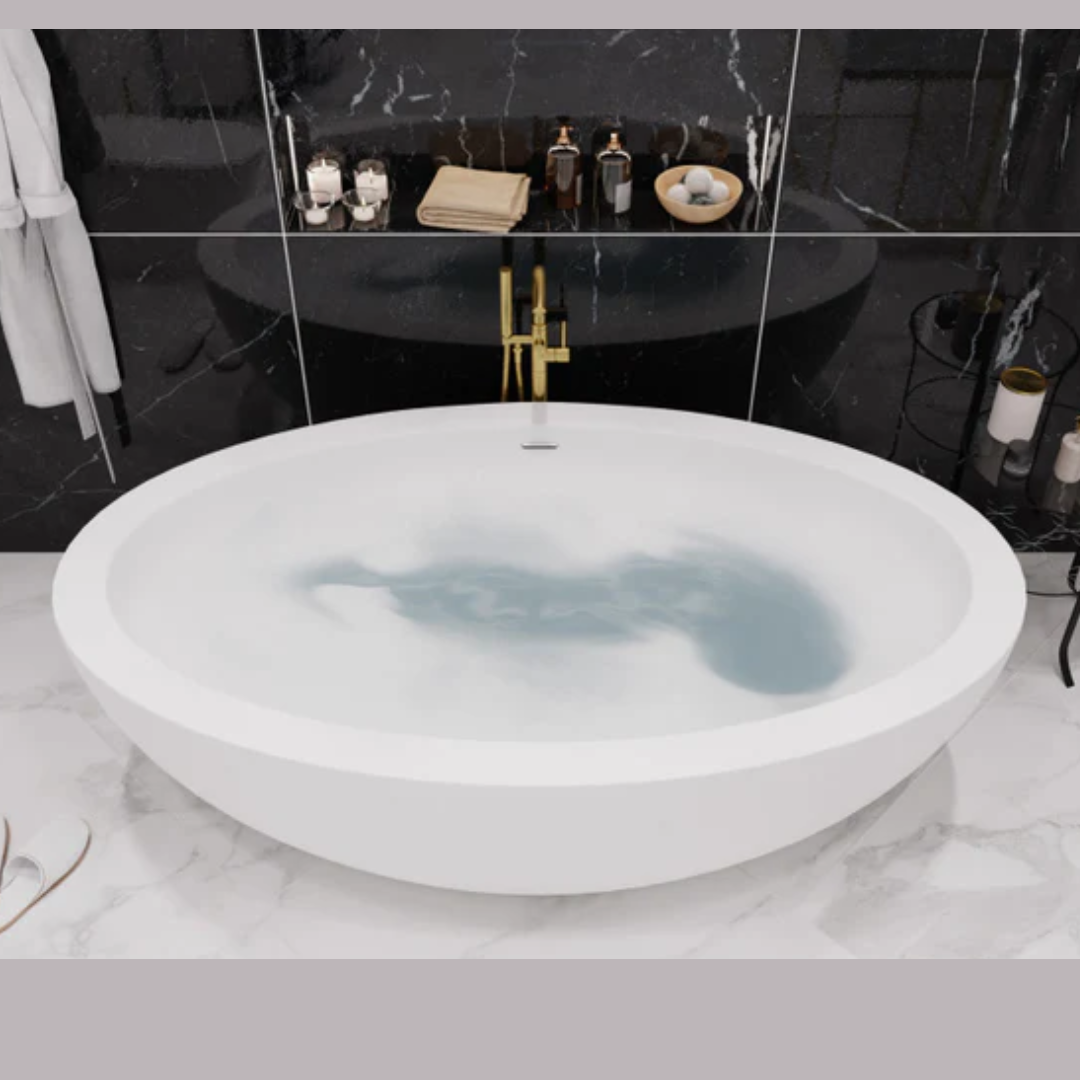 ANZZI Kekehun 6.3 ft. Solid Surface Center Drain Freestanding Bathtub in Matte White