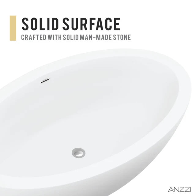 ANZZI Kekehun 6.3 ft. Solid Surface Center Drain Freestanding Bathtub in Matte White