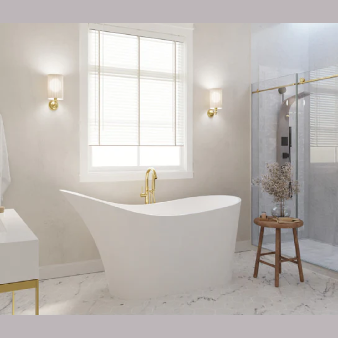 ANZZI Tuasavi 5.6 ft. Solid Surface Center Drain Freestanding Bathtub in Matte White