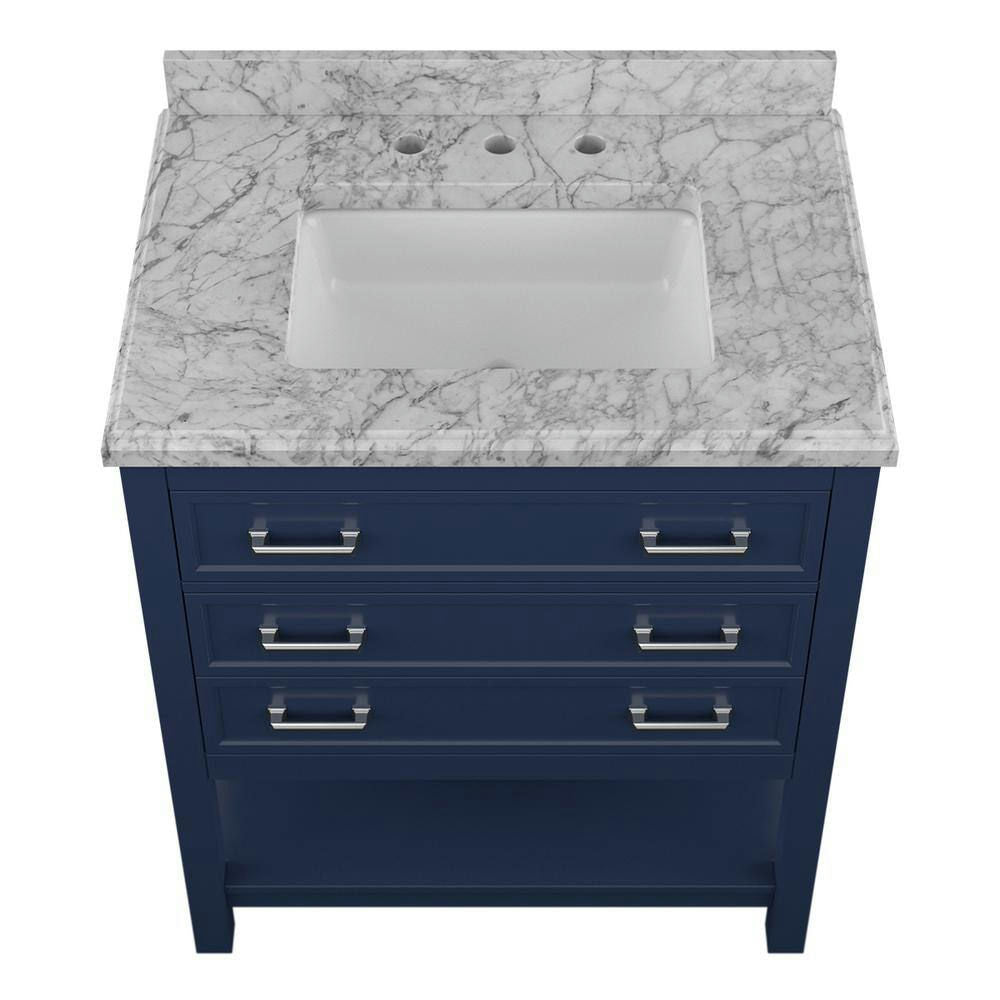 Design Element Affinity 31" Modern Bathroom Vanity in Blue Cabinet  Carrara White Marble Countertop