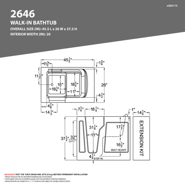 Walk-In Bathtub MediTub 2646 Series 26(W) x 46(L) x 38(H) in.