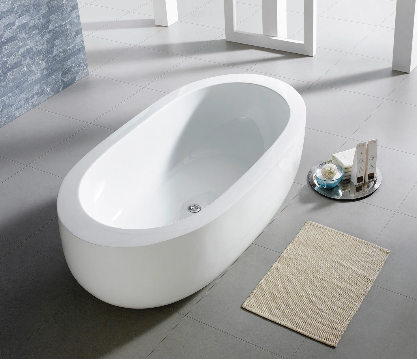 72" Acrylic Center Drain Oval Double Ended Flatbottom Freestanding Bathtub in Glossy White
