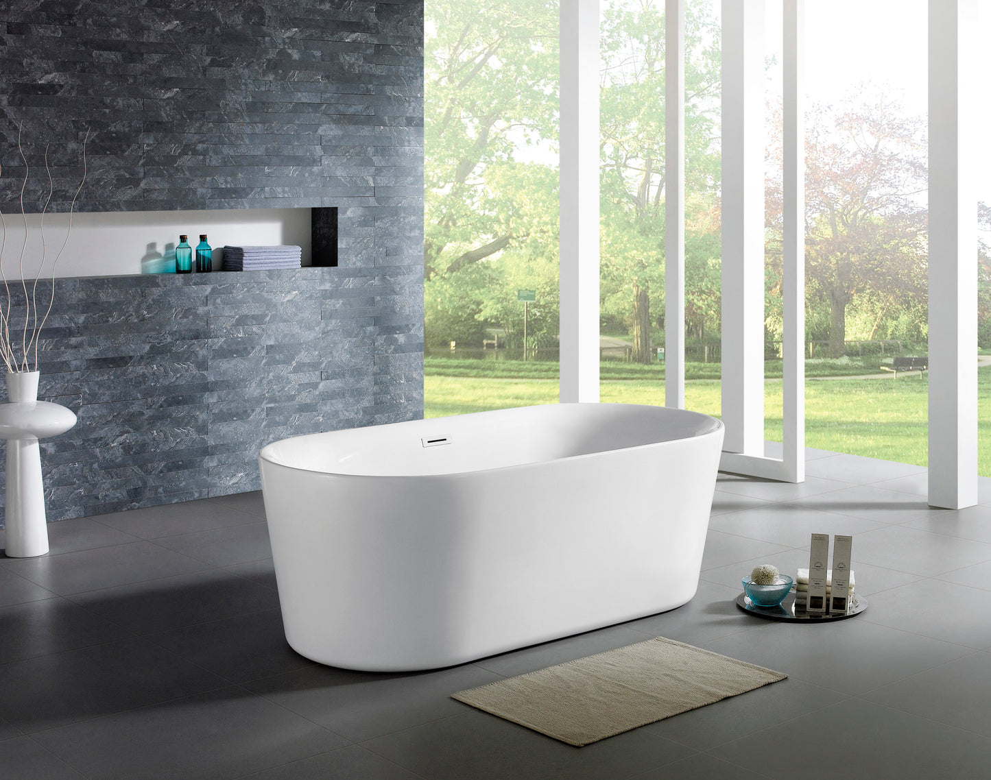 67" Acrylic Oval Double Ended Flatbottom Freestanding Bathtub in Glossy White