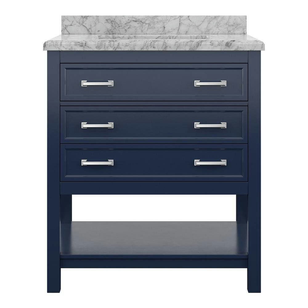 Design Element Affinity 31" Modern Bathroom Vanity in Blue Cabinet  Carrara White Marble Countertop