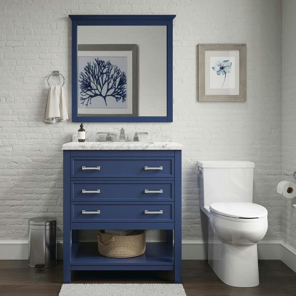 Design Element Affinity 31" Modern Bathroom Vanity in Blue Cabinet  Carrara White Marble Countertop