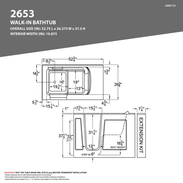 Walk-In Bathtub MediTub 2653 Series 26(W) x 53(L) x 38(H) in.