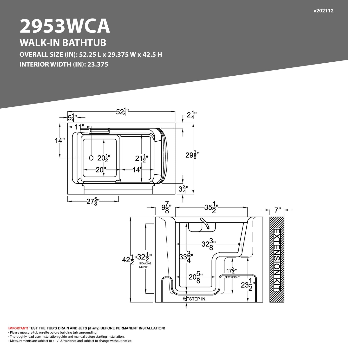 Wheelchair Access Bathtub MediTub 2953WCA Series 29(W) x 53(L) x 42(H) in.