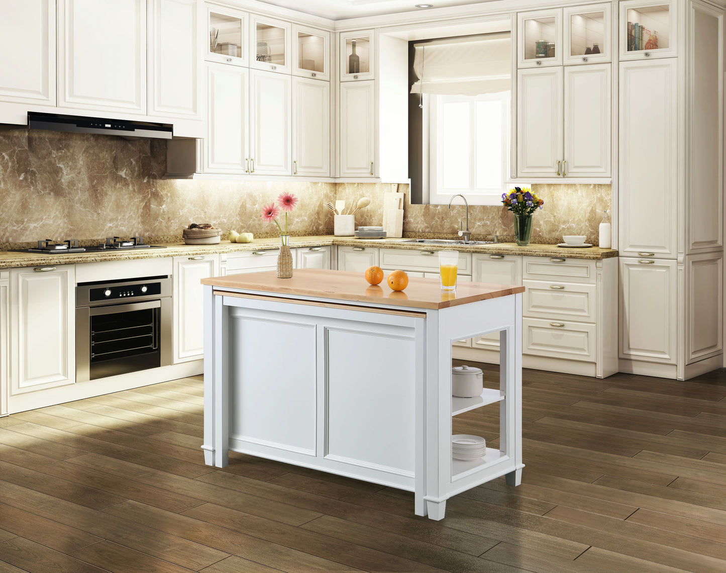 Medley 54 In. Kitchen Island With Slide Out Table in White