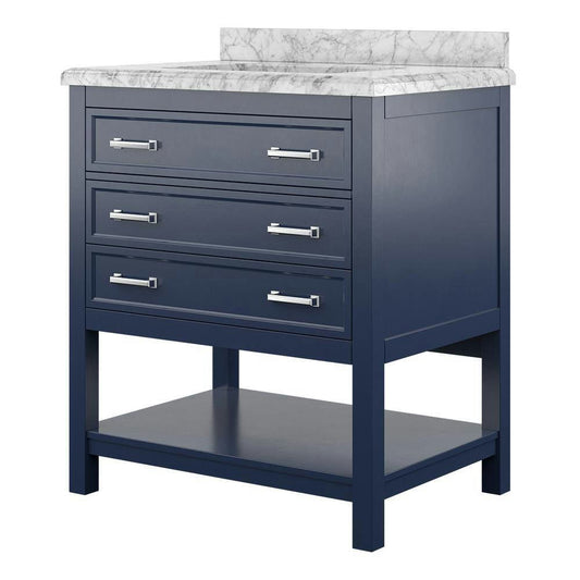 Design Element Affinity 31" Modern Bathroom Vanity in Blue Cabinet  Carrara White Marble Countertop