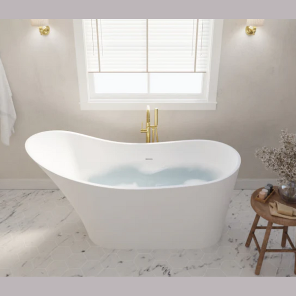 ANZZI Tuasavi 5.6 ft. Solid Surface Center Drain Freestanding Bathtub in Matte White