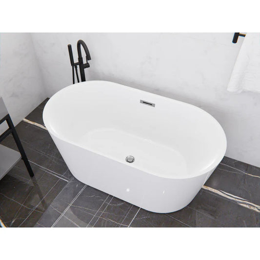 Chand Series 59 in. x 30 in. Flat Bottom Acrylic Freestanding Soaking Bathtub with Center Drain in Glossy White