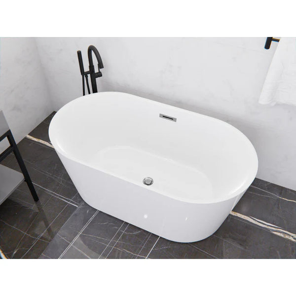 Chand Series 59 in. x 30 in. Flat Bottom Acrylic Freestanding Soaking Bathtub with Center Drain in Glossy White